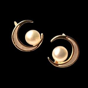 Cosmic Moon & Genuine Pearl Stud Earrings, 18k Gold Vermeil, Crescent Lunar NEW